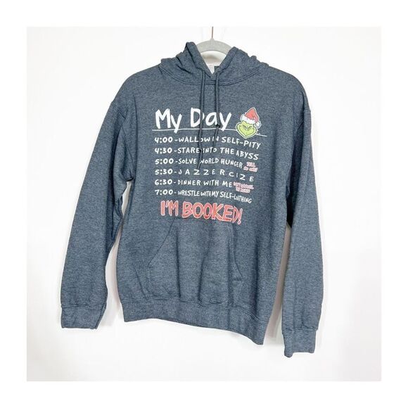 Gildan Grinch Daily Routine Schedule Gray Long Sleeve Hoodie Small - Picture 1 of 7